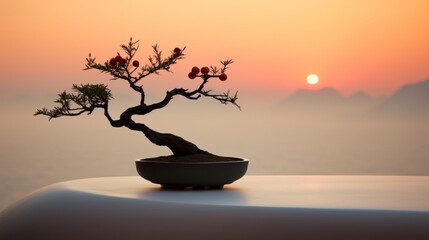 A minimalist shot focusing on the silhouette of a Pomegranate Bonsai, with the setting sun creating a beautiful gradient sky in the background.