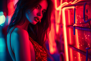 Neon Nightlife Seductress: Alluring Sexy Girl in Colorful Lights