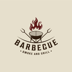Barbecue Grill Silhouette logo vector vintage illustration template icon graphic design. BBQ steak house with flame and fork sign or symbol for food restaurant with retro typography style