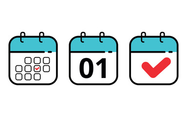 Three calendar icons in different formats. Calendar flat icons for sits blogs and graphic resources. Calendar with a specific day marked, day 01.