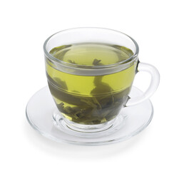 Fresh green tea in glass cup, leaves and saucer isolated on white