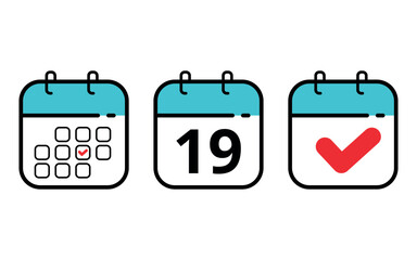 Three calendar icons in different formats. Calendar flat icons for sits blogs and graphic resources. Calendar with a specific day marked, day 19.