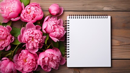Empty notebook spring flowers, cup of coffee. Mockup notepad on pink background. Still life. Spring romantic mood. Colorful light.