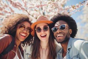 a group of young diverse cheerful and happy people students taking a selfie on a wide angle on a stroll through nature during spring break vacation holiday, blossom and tree bloom in the background - obrazy, fototapety, plakaty