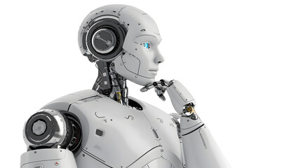 Photo of white detailed robot with blue eyes simulating a thought process on white background. Technological concept