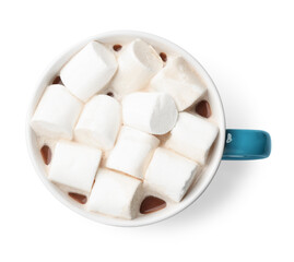 Tasty hot chocolate with marshmallows isolated on white, top view