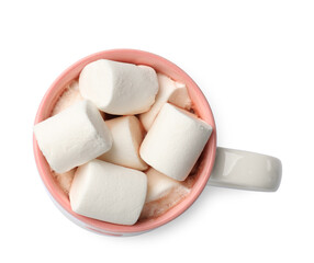 Tasty hot chocolate with marshmallows isolated on white, top view