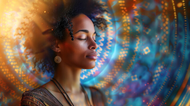 Spiritual Serenity: Woman in Meditation with Radiant Energy Swirls