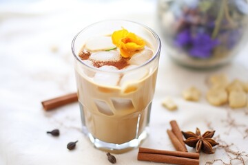 closeup of ice cubes and spices in chai latte, showing texture