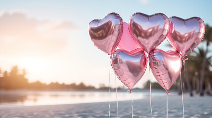 Pink heart balloons bouquet. Happy Valentine's day concept. AI generated image.