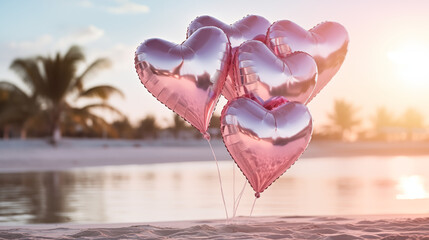 Pink heart balloons bouquet. Happy Valentine's day concept. AI generated image.