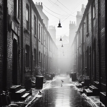 Fototapeta Old grainy black and white photograph of a back street in 1960s Britain