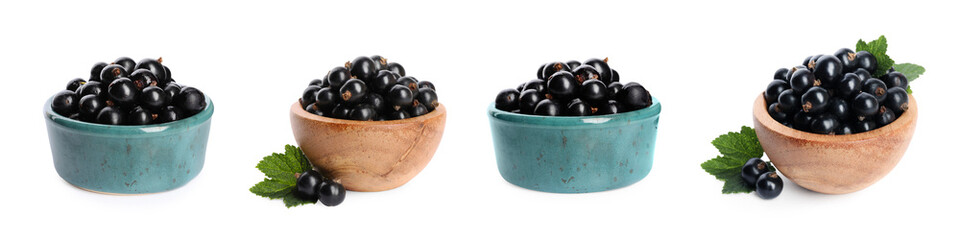 Ripe black currants in bowls and green leaves isolated on white, set
