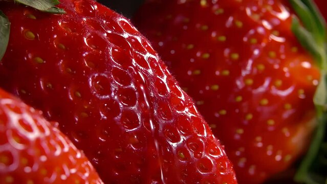 Drop of water dripping on a large ripe strawberries. Slow-motion drop in extreme close-up