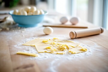 Fototapeta na wymiar fresh pasta dough with rolling pin and cut pasta shapes