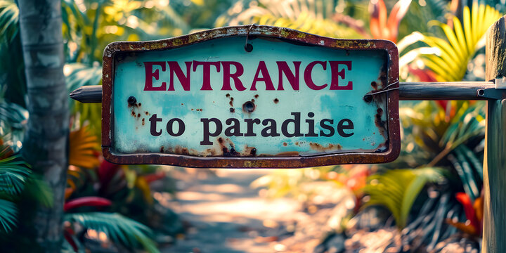 An old metal sign with the text "Entrance to Paradise". Entrance to the forbidden park.