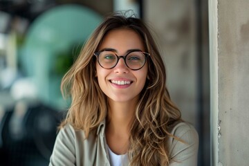 Portrait of happy business woman wearing glasses at workplace in office. Young handsome female worker using modern laptop