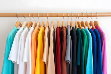 Photo of rack of T-shirts of different colors hanging on hangers. Fashionable and varied clothing concept