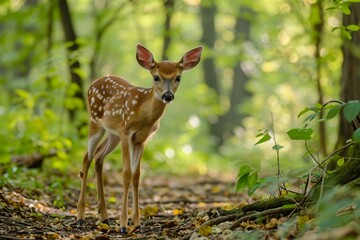 White tailed deer fawn witj hind on natural trail in north Wisconsin.