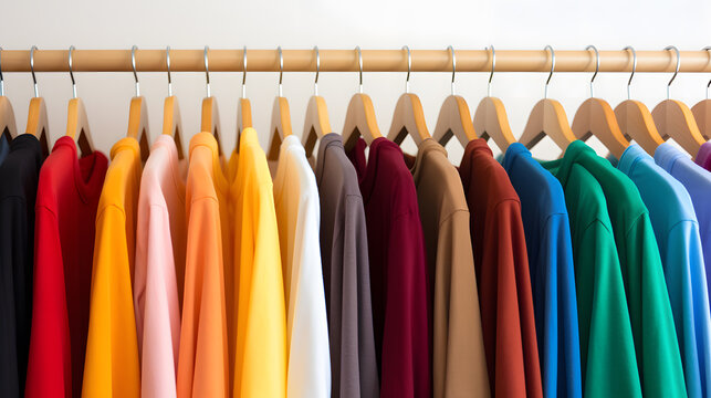 Photo of rack of T-shirts of different colors hanging on hangers. Fashionable and varied clothing concept