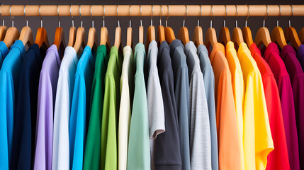 Photo of rack of T-shirts of different colors hanging on hangers. Fashionable and varied clothing concept