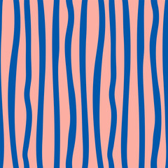 Pink seamless pattern with blue wavy lines