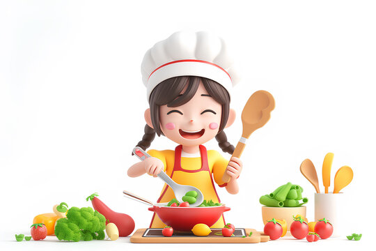 野菜を調理する女の子（3D）
