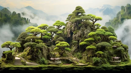 Foto op Canvas A panoramic shot of a Jasmine Bonsai forest, showcasing the diversity of sizes and shapes among the bonsai trees, creating a captivating miniature landscape. © Habib