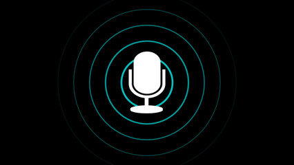 Blue-color radio wave and voice recording podcast mic microphone button icon. Audio microphone icon