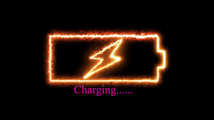 Glowing fire neon battery icon with lightning bolt on a black background. Lightning blinking neon bolt symbol