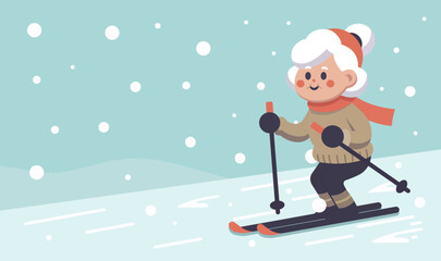 Winter sport skiing. Colorful cartoon character of sporty and healthy grandmother skier. Funny vector illustration. Cute poster with smiling old woman. Ski activity on weekend. Vector illustration