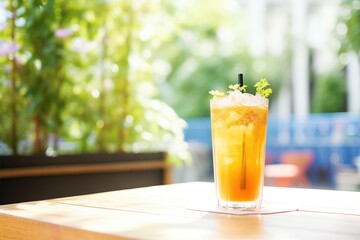 frosty glass of iced herbal tea on a hot summer day terrace