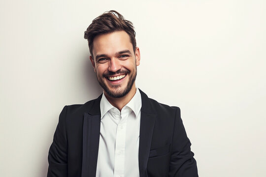 portrait of happy young businessman in black suit on isolated white background