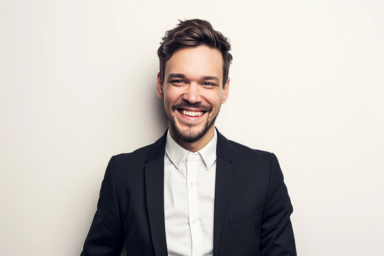 portrait of happy young businessman in black suit on isolated white background