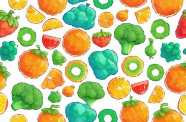 Citrus fruits, lemons, strawberries, kiwi, bell peppers, broccoli, spinach isolated on white background, illustration in polygonal style, ready-made design for table placemat, basics kitchen staff