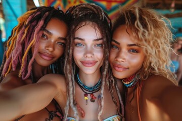 Fototapeta premium Beautiful young Afro-American women in beach party