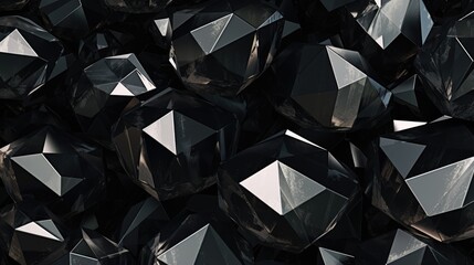 Abstract Black Diamonds with Reflective Surfaces. Close-up of numerous abstract black diamonds with sharp edges and reflective surfaces.