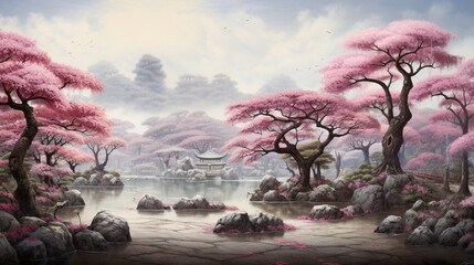 A panoramic view of a Cherry Blossom Bonsai grove in a tranquil garden, with trees of varying heights creating a picturesque landscape.