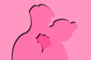Valentines day background. Silhouette of couple, layered papercut art design. Pink background with copy space, template design