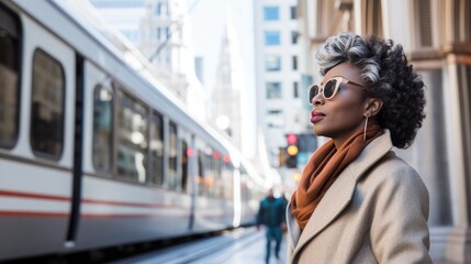 Fototapeta premium Downtown Discovery: Stylish Urban Exploration. Stylish African American woman in an urban setting with a city tram.