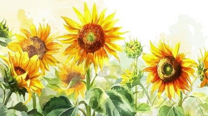 Watercolor Sunflowers in Full Bloom. Bright sunflowers painted in watercolor style, evoking a warm, sunny day.