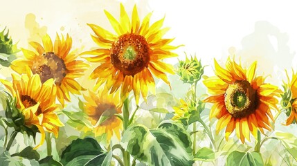 Obraz premium Watercolor Sunflowers in Full Bloom. Bright sunflowers painted in watercolor style, evoking a warm, sunny day.