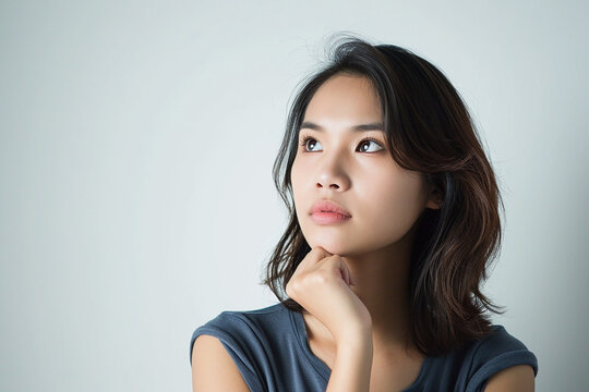portrait of thinking young woman on isolated white background