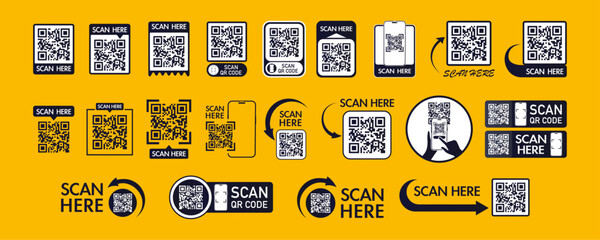 Set of QR code scan icon and sticker for mobile apps and payments. QR code scan for smartphone. Qr code for payment, mobile app and identification. Vector illustration.