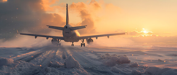 Airplane landing at the airport runway at arctic sunset in winter afternoon