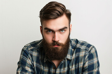 closeup of serious man with beard on white isolated background