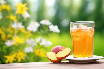 iced tea with peach slices, garden background