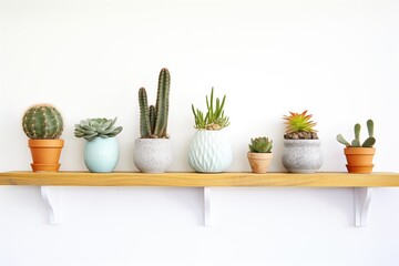 variety of succulents on floating shelves against a white wall