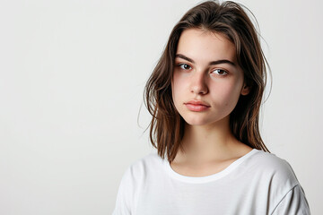 Fototapeta premium portrait of attractive serious woman with white t shirt on white isolated background