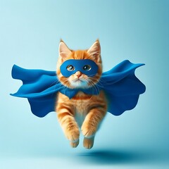 superhero cat, Cute orange tabby kitty with a blue cloak and mask jumping and flying on light blue background with copy space. The concept of a superhero, super cat, leader, funny animal studio shot.